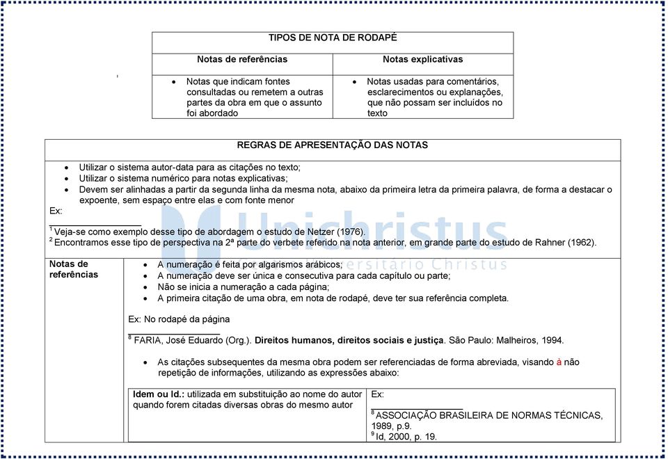 explicativas; Devem ser alinhadas a partir da segunda linha da mesma nota, abaixo da primeira letra da primeira palavra, de forma a destacar o expoente, sem espaço entre elas e com fonte menor 1