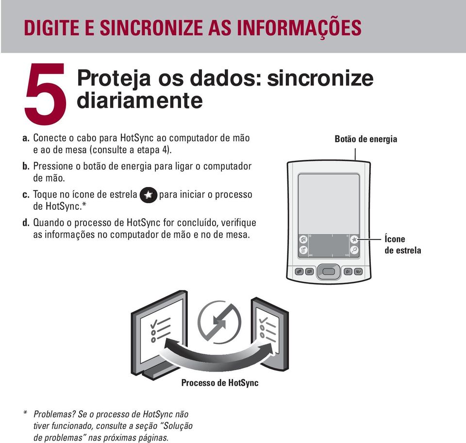 Pressione o botão de energia para ligar o computador de mão. c. Toque no ícone de estrela para iniciar o processo de HotSync.* d.