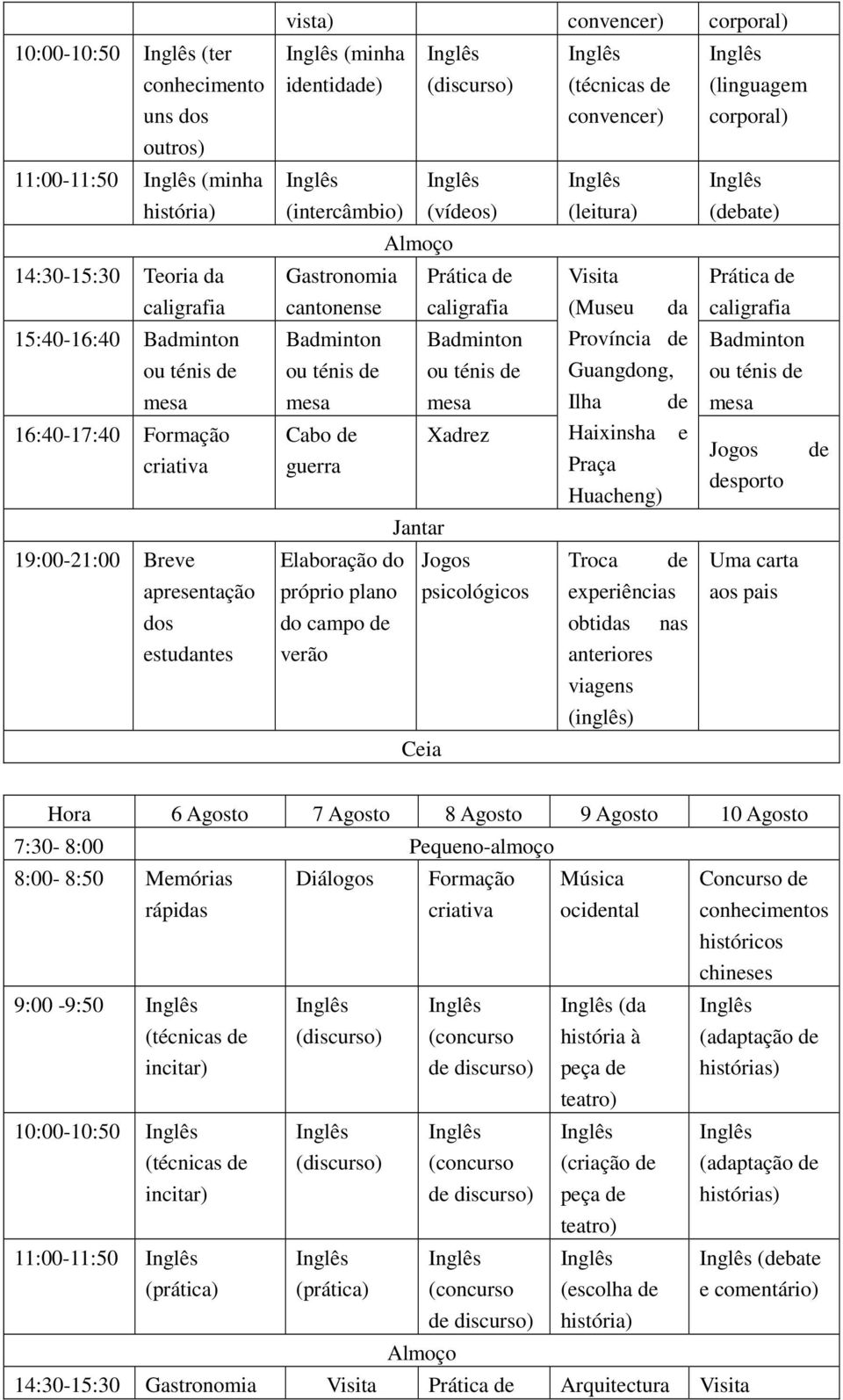 Xadrez Haixinsha e guerra Praça Huacheng) Elaboração do Jogos próprio plano psicológicos do campo de verão Troca de experiências obtidas nas anteriores viagens (inglês) Prática de Jogos de desporto