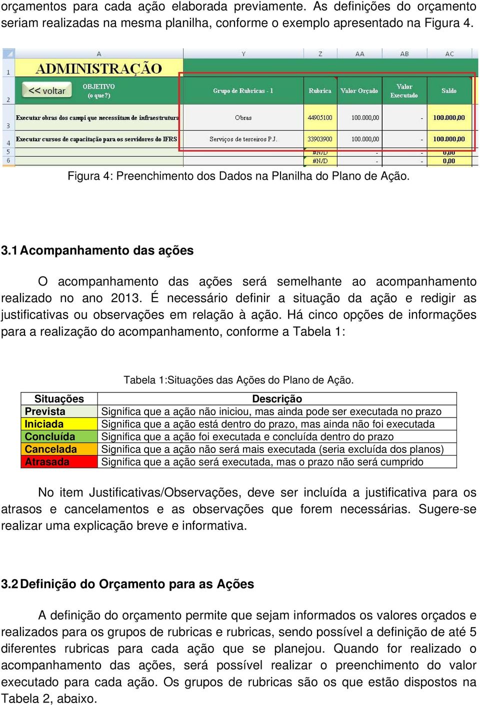 É necessário definir a situação da ação e redigir as justificativas ou observações em relação à ação.