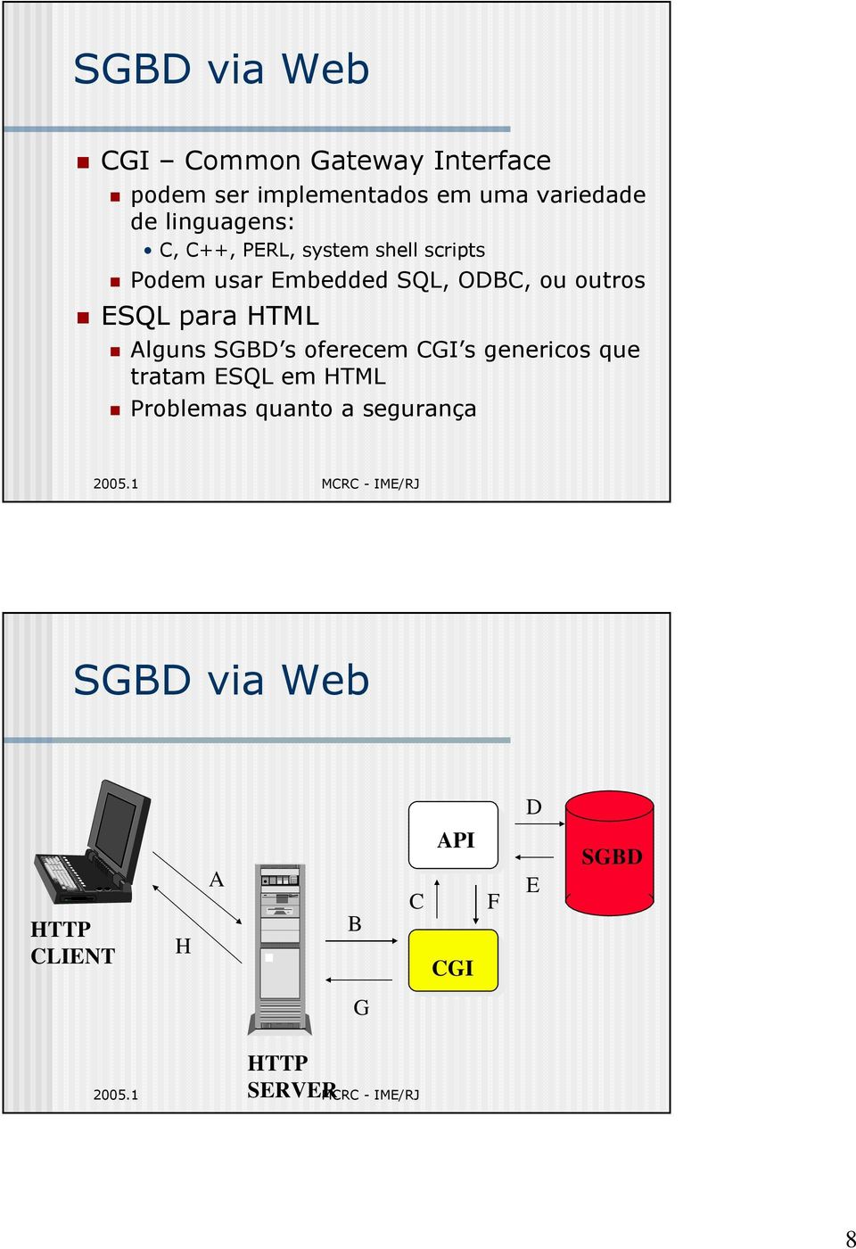outros ESQL para HTML Alguns SGBD s oferecem CGI s genericos que tratam ESQL em HTML