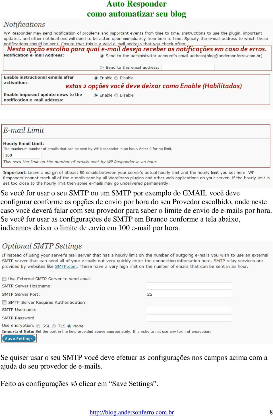 Se você for usar as configurações de SMTP em Branco conforme a tela abaixo, indicamos deixar o limite de envio em 100 e-mail por hora.