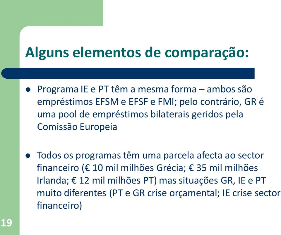 programas têm uma parcela afecta ao sector financeiro ( 10 mil milhões Grécia; 35 mil milhões Irlanda; 12