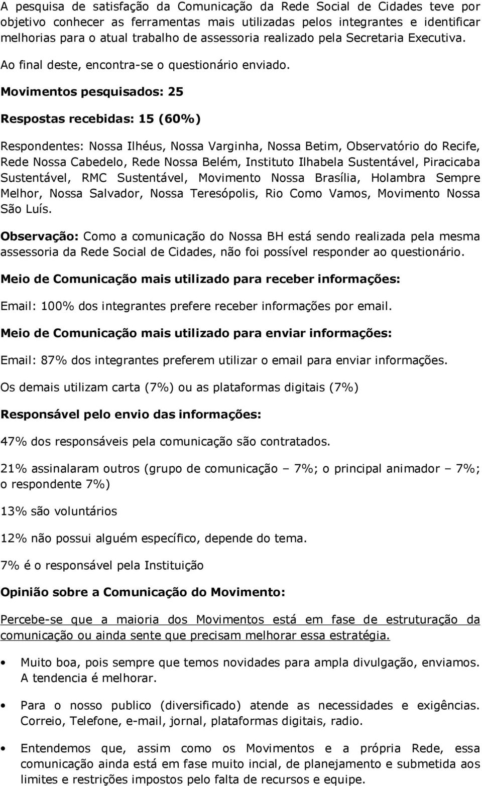 Movimentos pesquisados: 25 Respostas recebidas: 15 (60%) Respondentes: Nossa Ilhéus, Nossa Varginha, Nossa Betim, Observatório do Recife, Rede Nossa Cabedelo, Rede Nossa Belém, Instituto Ilhabela