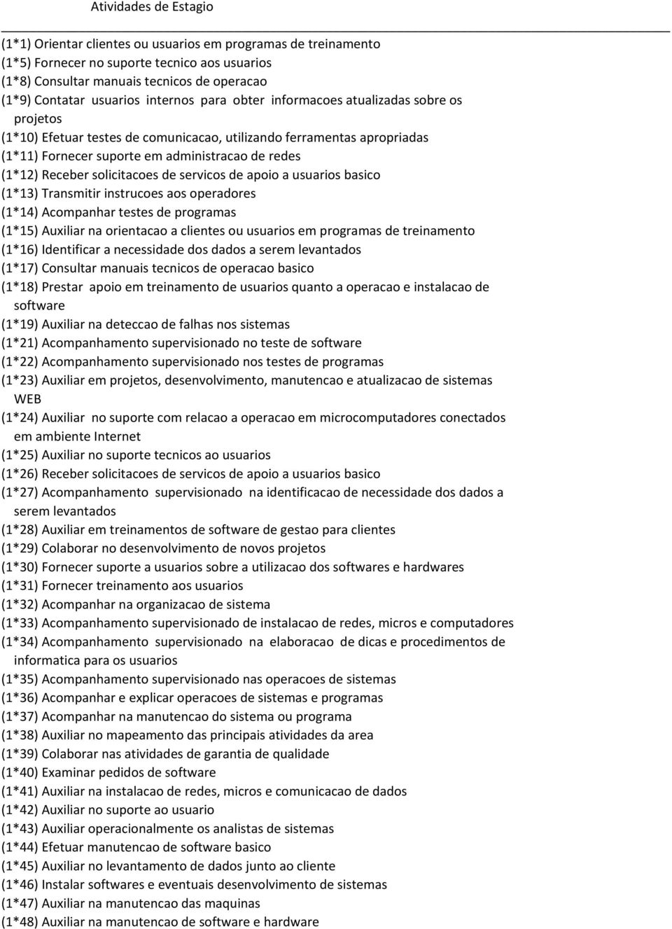 servicos de apoio a usuarios basico (1*13) Transmitir instrucoes aos operadores (1*14) Acompanhar testes de programas (1*15) Auxiliar na orientacao a clientes ou usuarios em programas de treinamento