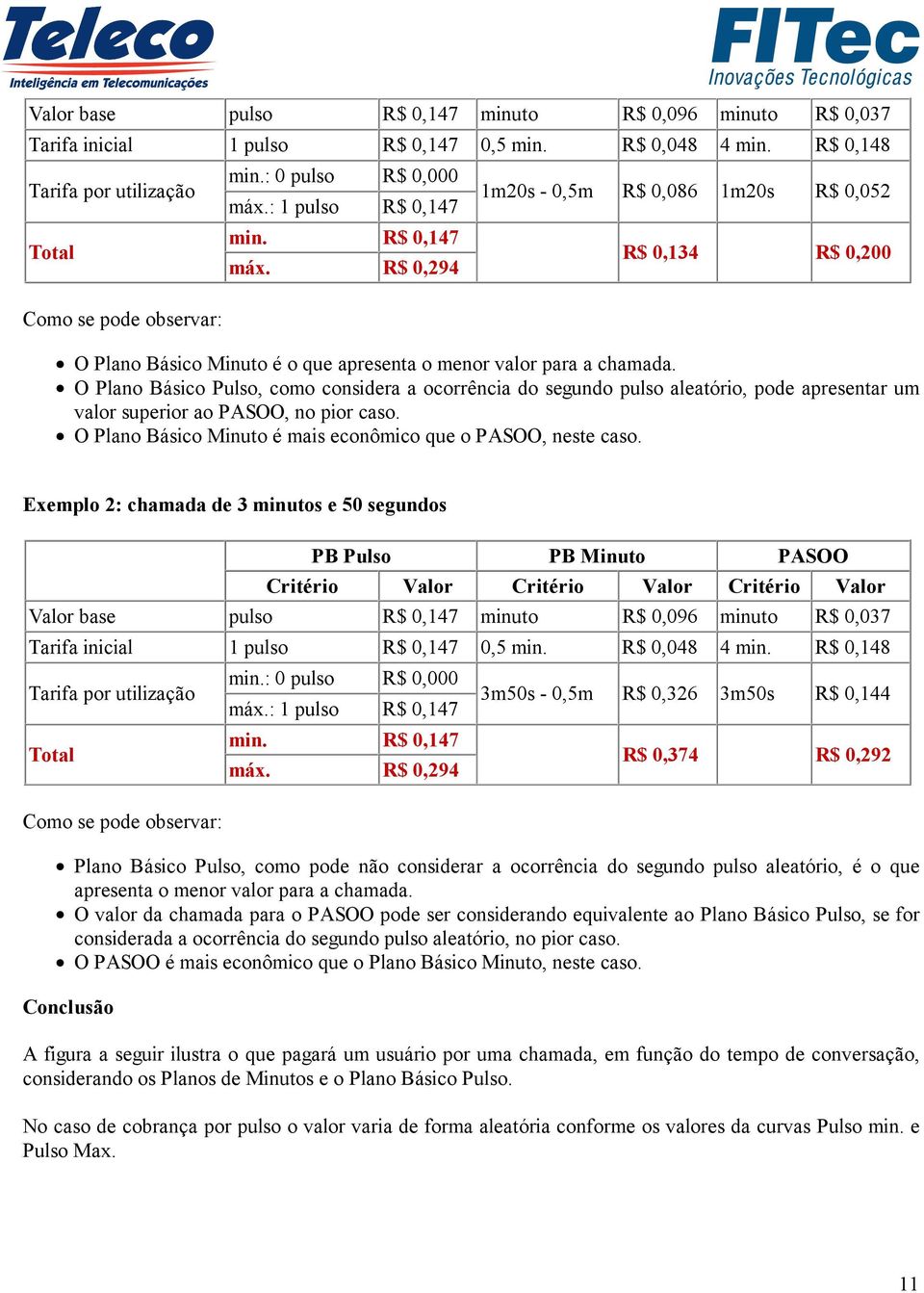 O Plano Básico Pulso, como considera a ocorrência do segundo pulso aleatório, pode apresentar um valor superior ao PASOO, no pior caso. O Plano Básico Minuto é mais econômico que o PASOO, neste caso.