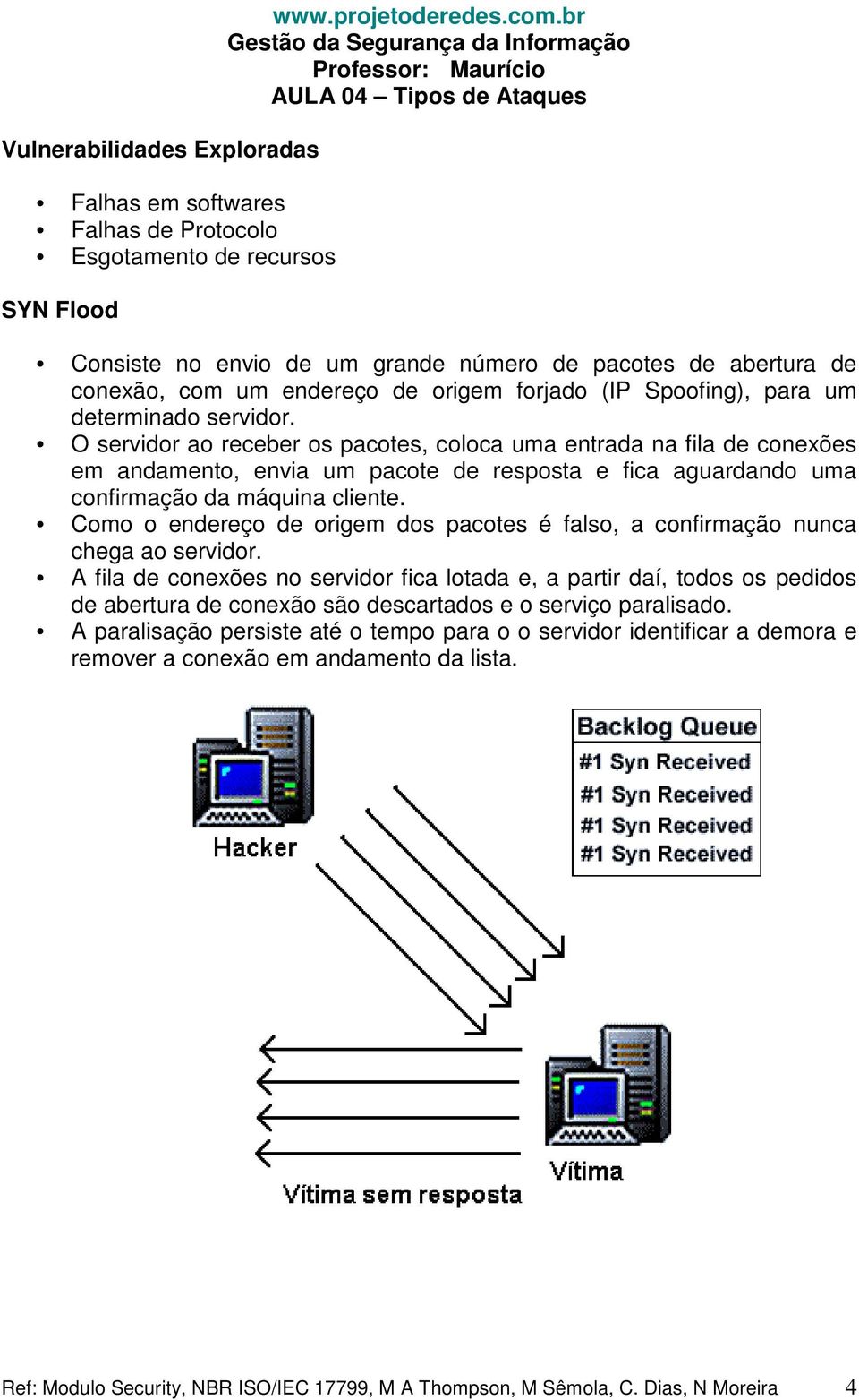 O servidor ao receber os pacotes, coloca uma entrada na fila de conexões em andamento, envia um pacote de resposta e fica aguardando uma confirmação da máquina cliente.