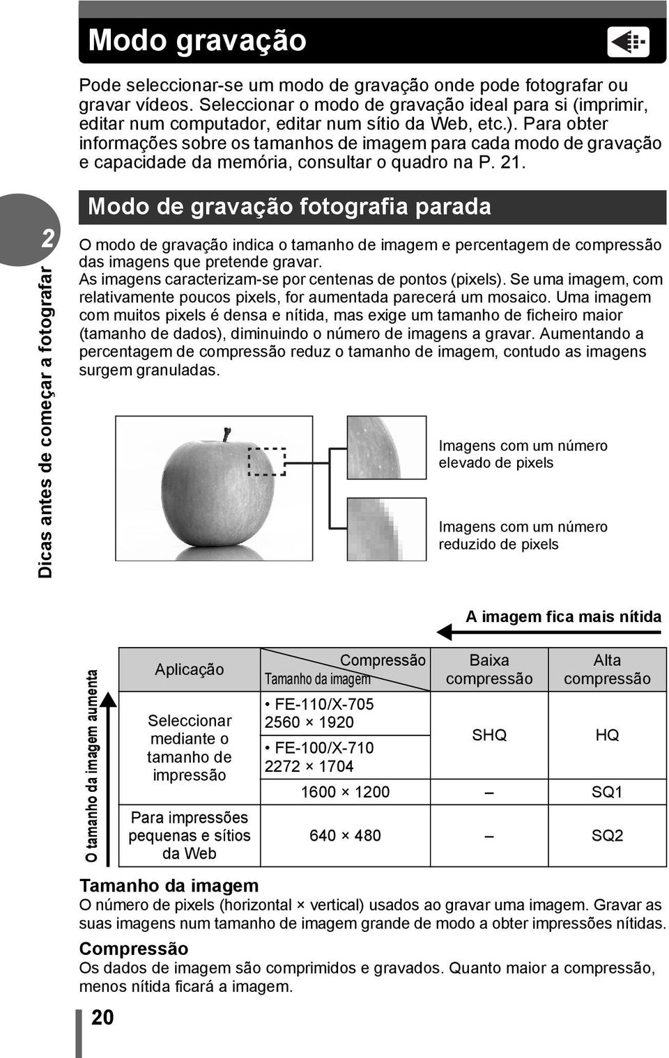 Para obter informações sobre os tamanhos de imagem para cada modo de gravação e capacidade da memória, consultar o quadro na P. 21.