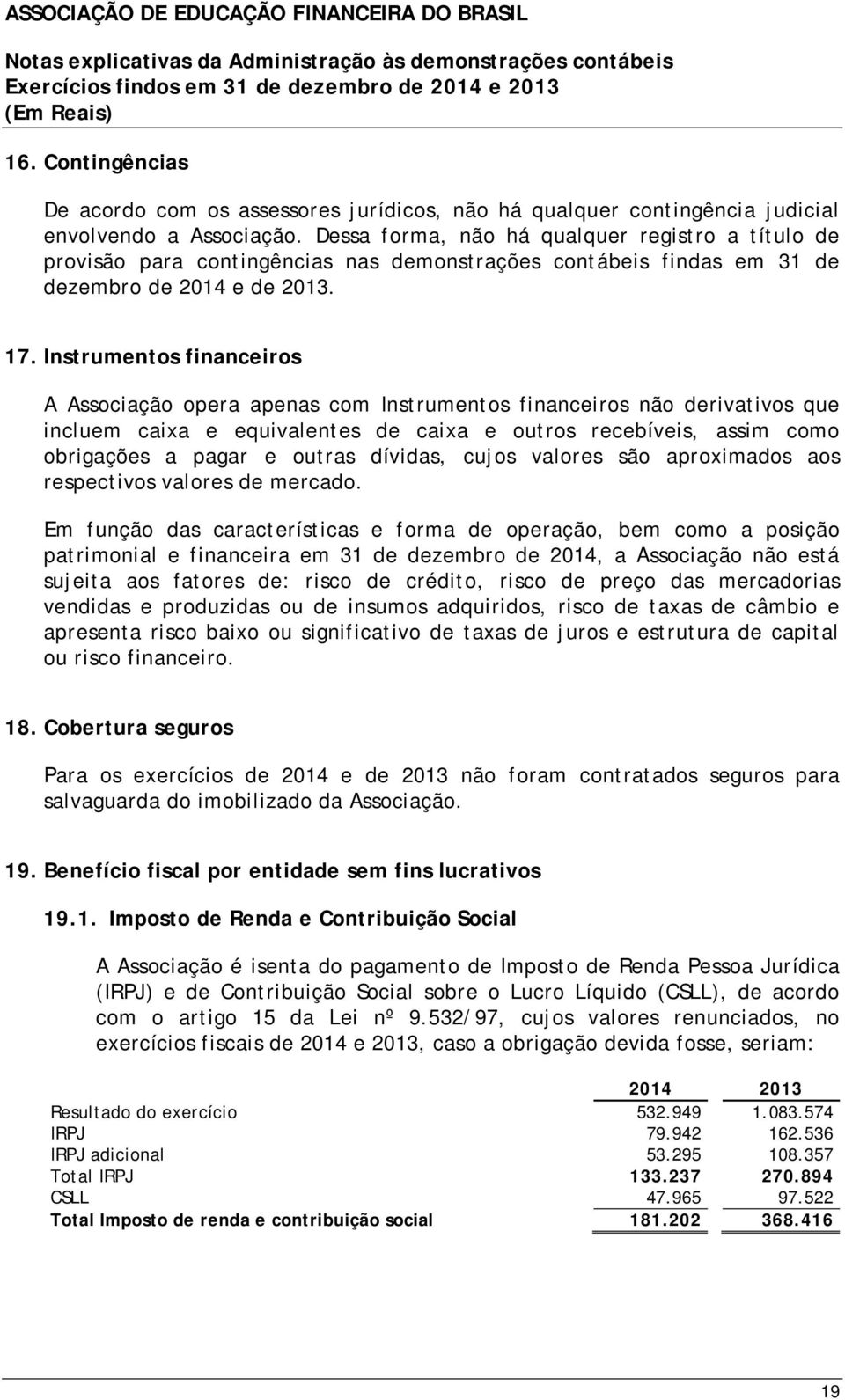 Instrumentos financeiros A Associação opera apenas com Instrumentos financeiros não derivativos que incluem caixa e equivalentes de caixa e outros recebíveis, assim como obrigações a pagar e outras