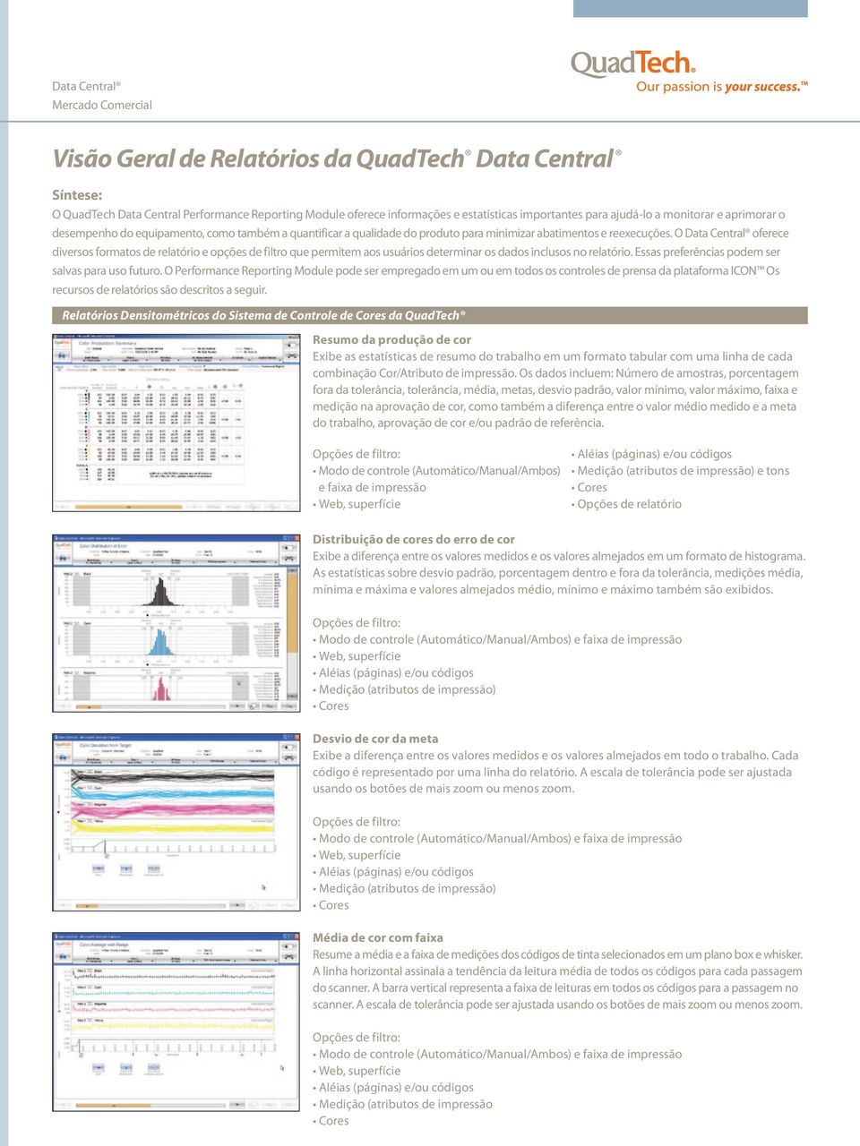 O Data Central oferece diversos formatos de relatório e opções de filtro que permitem aos usuários determinar os dados inclusos no relatório. Essas preferências podem ser salvas para uso futuro.