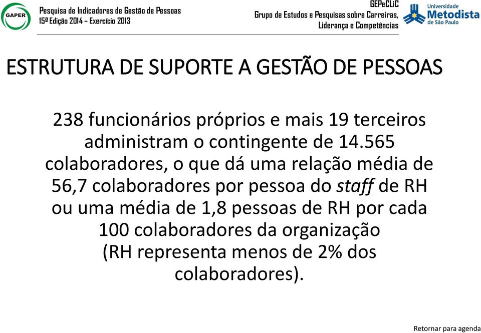 565 colaboradores, o que dá uma relação média de 56,7 colaboradores por pessoa do staff