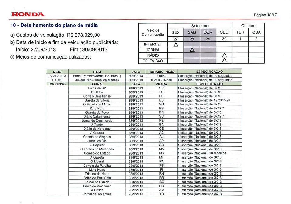 SEX SÁB DOM SEG TER QUA 27 28 29 30 1 2 A A A A MEIO ITEM DATA HORÁRIO INÍCIO ESPECIFICAÇÃO TV ABERTA Band (Primeiro Jornal Ed.