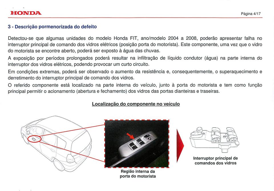 A exposição por períodos prolongados poderá resultar na infiltração de líquido condutor (água) na parte interna do interruptor dos vidros elétricos, podendo provocar um curto circuito.