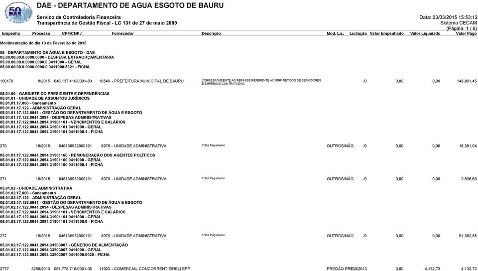 861,45 E EMPRESAS CONTRATADAS. 05.01.00 - GABINETE DO PRESIDENTE E DEPENDÊNCIAS 05.01.01 - UNIDADE DE ASSUNTOS JURÍDICOS 05.01.01.17.000 - Saneamento 05.01.01.17.122 