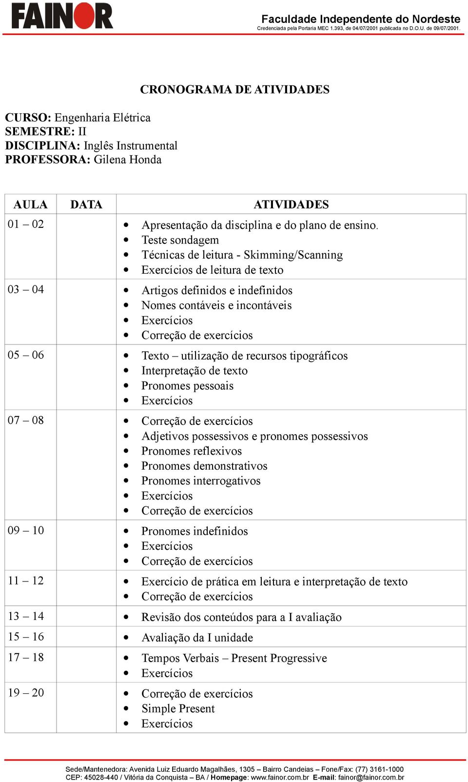 Teste sondagem Técnicas de leitura - Skimming/Scanning de leitura de texto 03 04 Artigos definidos e indefinidos Nomes contáveis e incontáveis 05 06 Texto utilização de recursos tipográficos