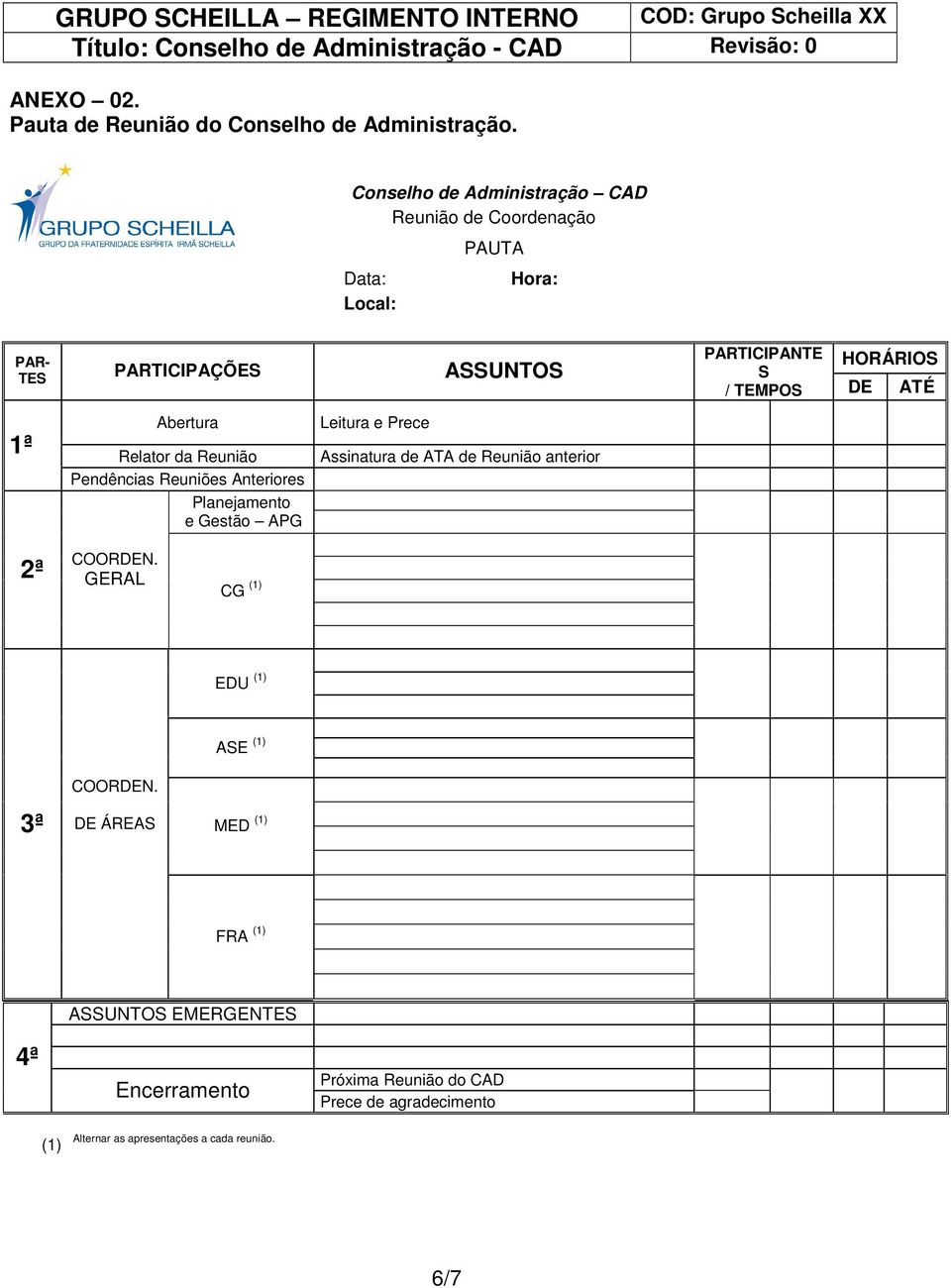 a PAR- TES PARTICIPAÇÕES ASSUNTOS PARTICIPANTE HORÁRIOS S / TEMPOS DE ATÉ 1ª Abertura Relator da Reunião Pendências Reuniões Anteriores