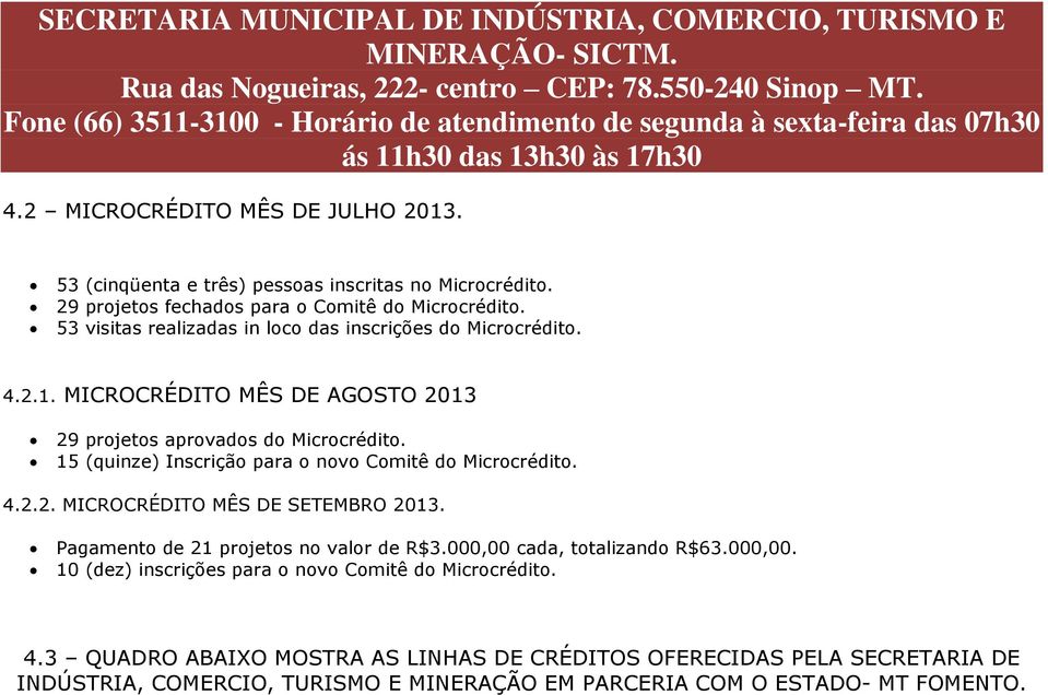 15 (quinze) Inscrição para o novo Comitê do Microcrédito. 4.2.2. MICROCRÉDITO MÊS DE SETEMBRO 2013. Pagamento de 21 projetos no valor de 3.000,00 cada, totalizando 63.