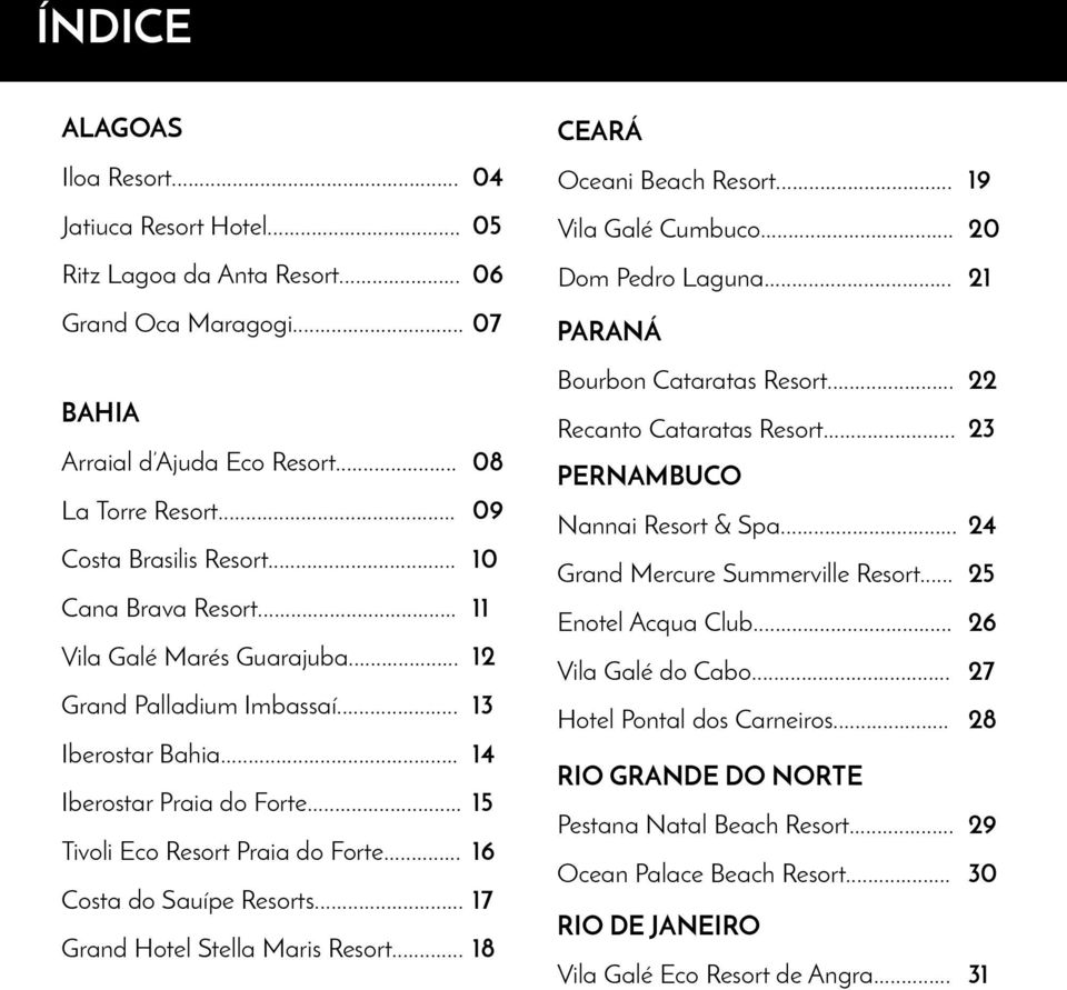 .. 16 Costa do Sauípe Resorts... 17 Grand Hotel Stella Maris Resort... 18 Ceará Oceani Beach Resort... Vila Galé Cumbuco... Dom Pedro Laguna... paraná Bourbon Cataratas Resort.