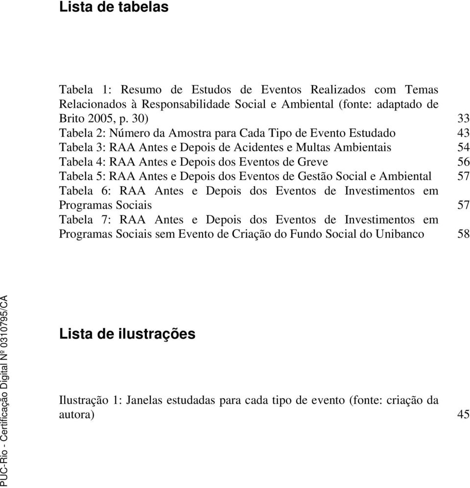 56 Tabela 5: RAA Antes e Depois dos Eventos de Gestão Social e Ambiental 57 Tabela 6: RAA Antes e Depois dos Eventos de Investimentos em Programas Sociais 57 Tabela 7: RAA Antes e Depois