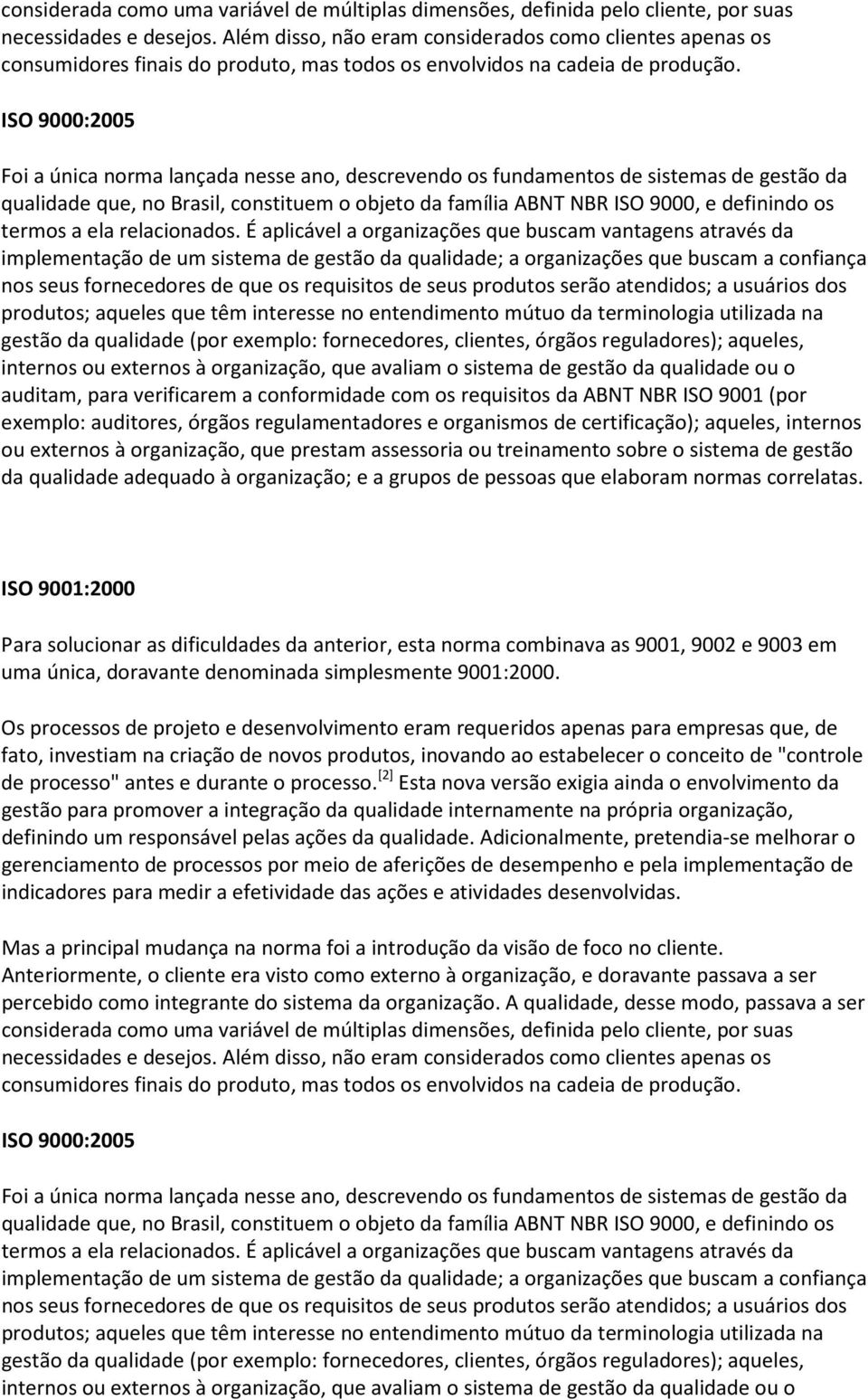 ISO 9000:2005 Foi a única norma lançada nesse ano, descrevendo os fundamentos de sistemas de gestão da qualidade que, no Brasil, constituem o objeto da família ABNT NBR ISO 9000, e definindo os