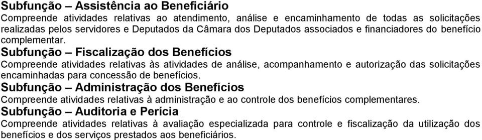 Subfunção Fiscalização dos Benefícios Compreende atividades relativas às atividades de análise, acompanhamento e autorização das solicitações encaminhadas para concessão de benefícios.