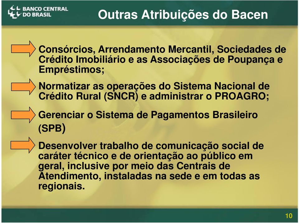 Gerenciar o Sistema de Pagamentos Brasileiro i (SPB) Desenvolver trabalho de comunicação social de caráter técnico e de