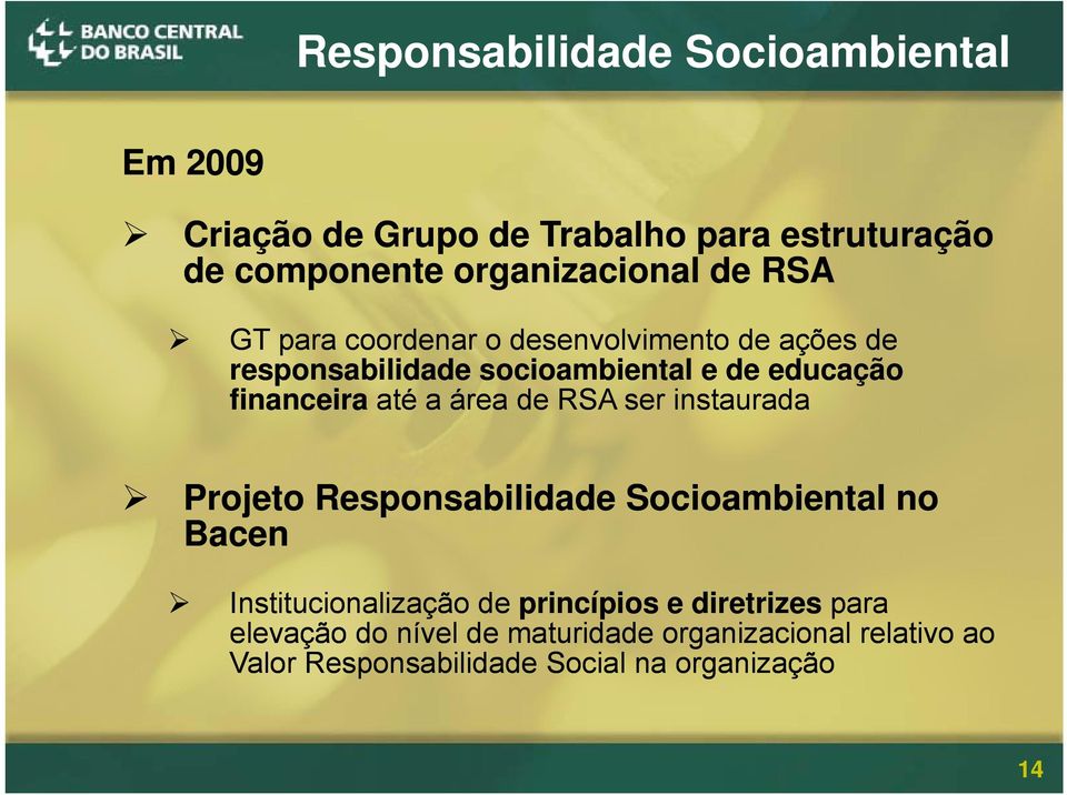 área de RSA ser instaurada Projeto Responsabilidade Socioambiental no Bacen Institucionalização i de princípios i e