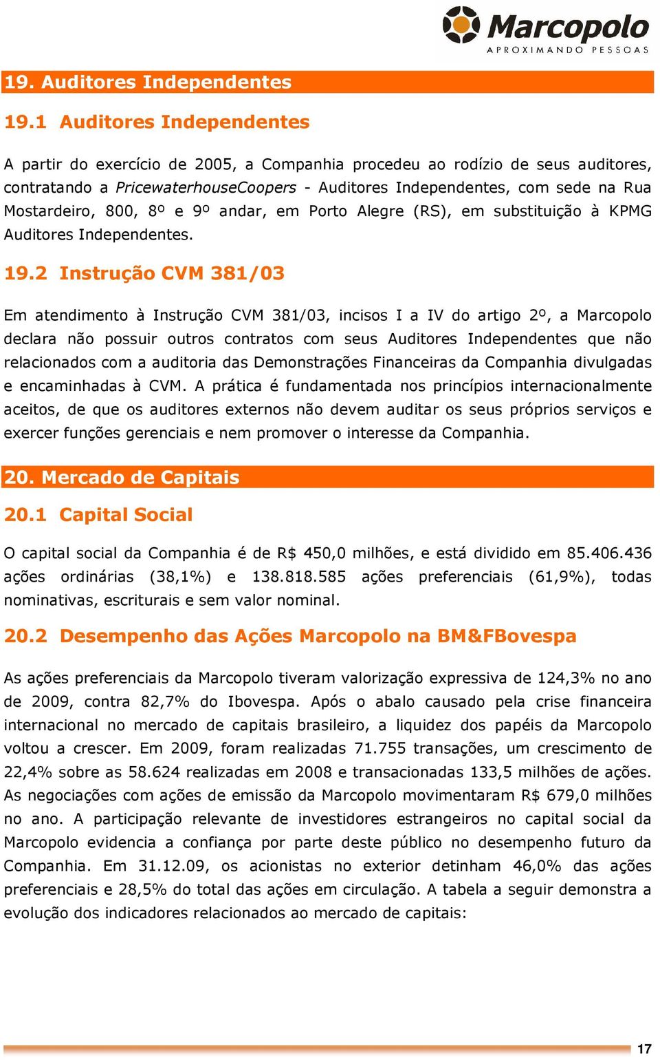Mostardeiro, 800, 8º e 9º andar, em Porto Alegre (RS), em substituição à KPMG Auditores Independentes. 19.
