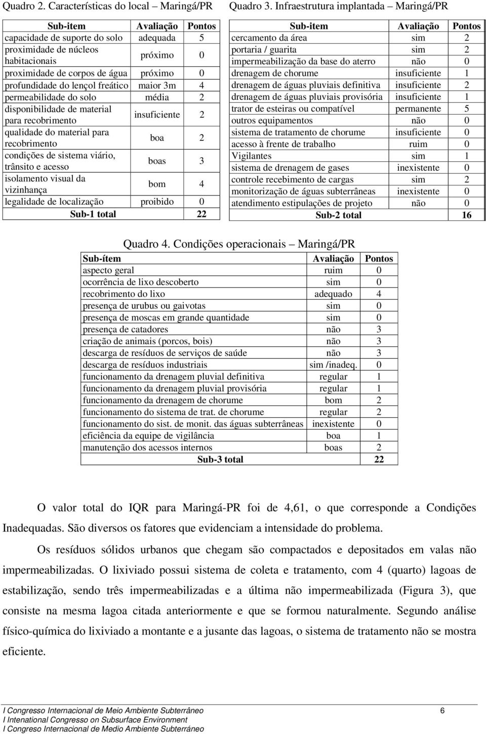 profundidade do lençol freático maior 3m 4 permeabilidade do solo média 2 disponibilidade de material para recobrimento insuficiente 2 qualidade do material para recobrimento boa 2 condições de