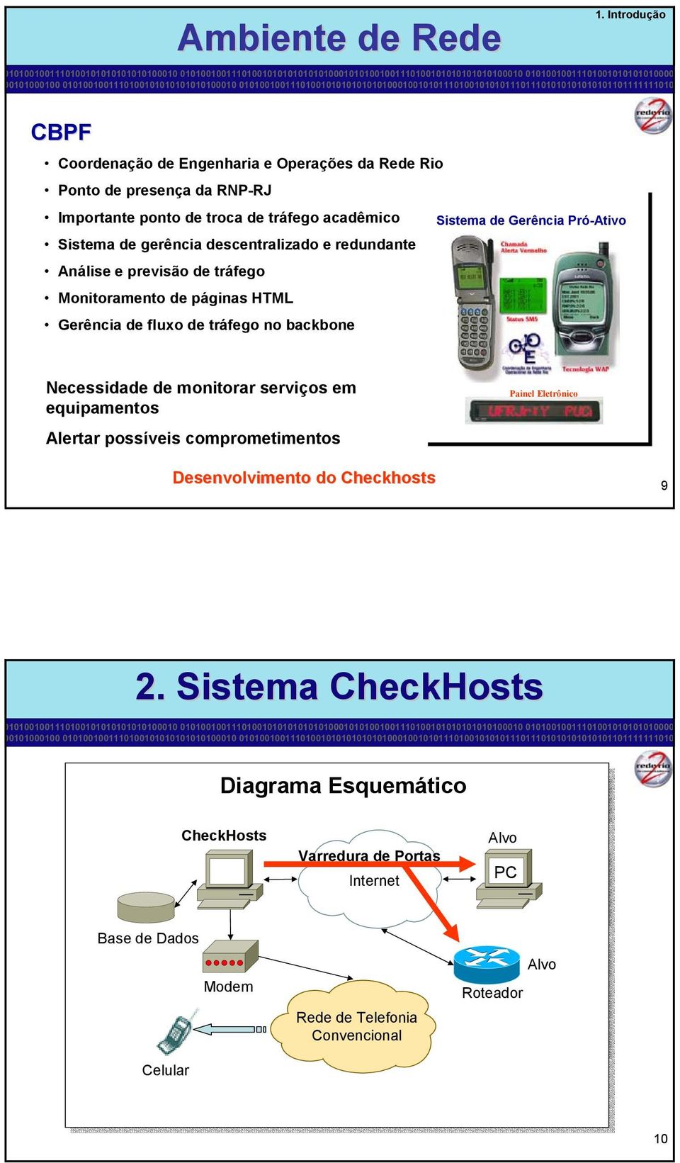 Introdução Necessidade de monitorar serviços em equipamentos Alertar possíveis comprometimentos Painel Eletrônico Desenvolvimento do Checkhosts 9 2.