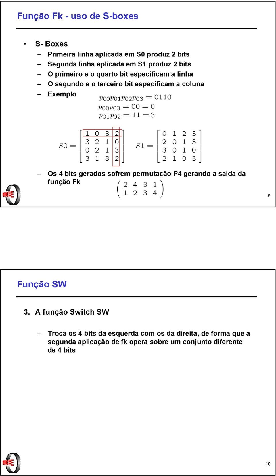 Exemplo Os 4 bits gerados sofrem permutação P4 gerando a saída da função Fk 9 Função SW 3.