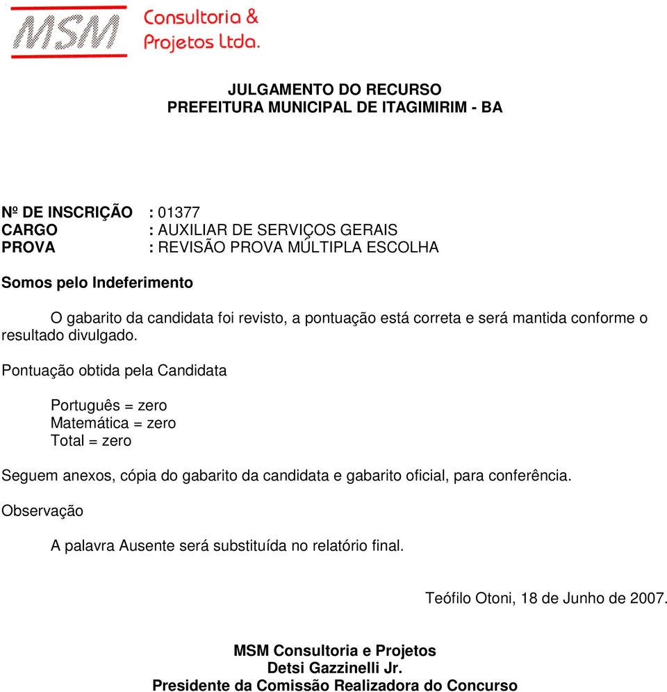 zero Matemática = zero Total = zero Seguem anexos, cópia do gabarito da candidata e gabarito