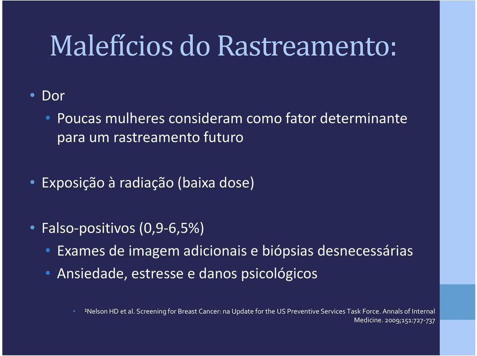 biópsias desnecessárias Ansiedade, estresse e danos psicológicos ¹Nelson HD et al.