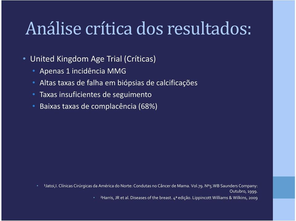 ¹Jatoi,I. Clínicas Cirúrgicas da América do Norte: Condutas no Câncer de Mama. Vol.79. Nº5.