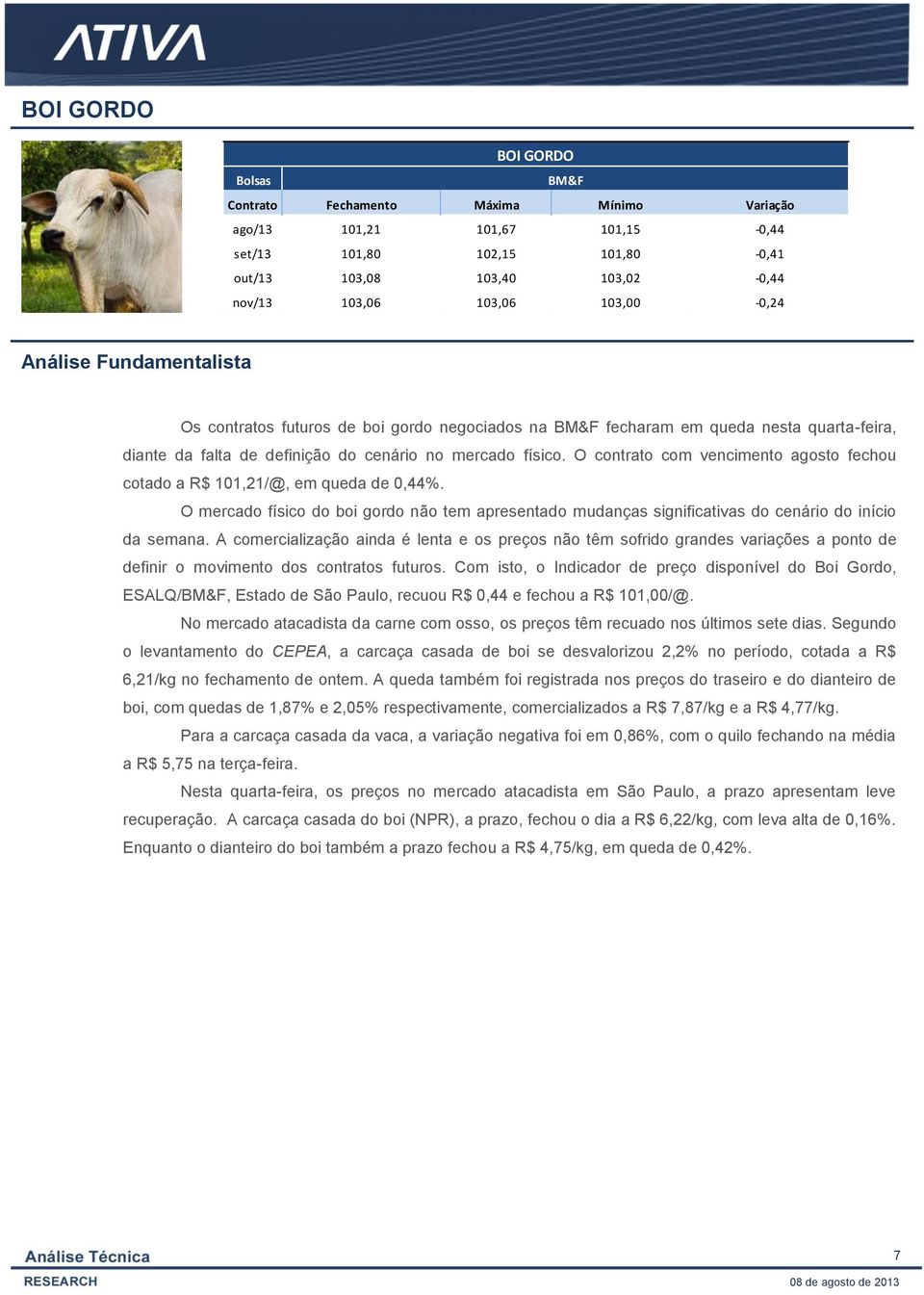 O contrato com vencimento agosto fechou cotado a R$ 101,21/@, em queda de 0,44%. O mercado físico do boi gordo não tem apresentado mudanças significativas do cenário do início da semana.