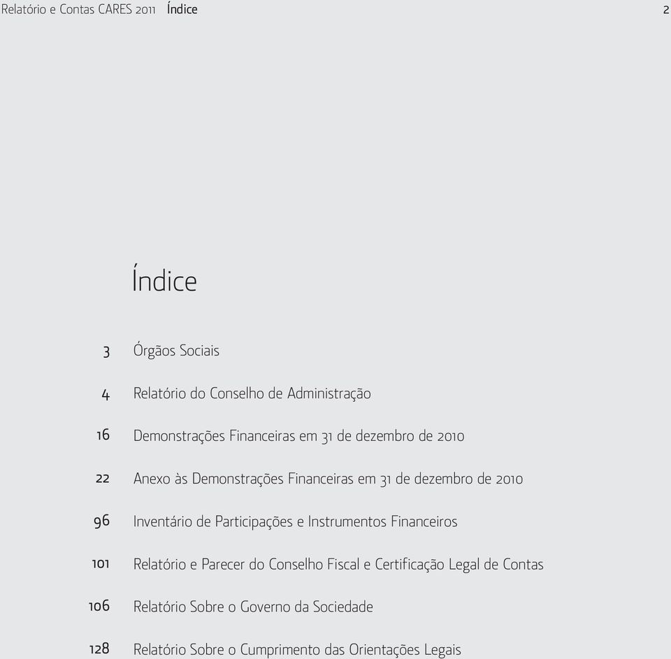 dezembro de 2010 Inventário de Participações e Instrumentos Financeiros Relatório e Parecer do Conselho Fiscal e