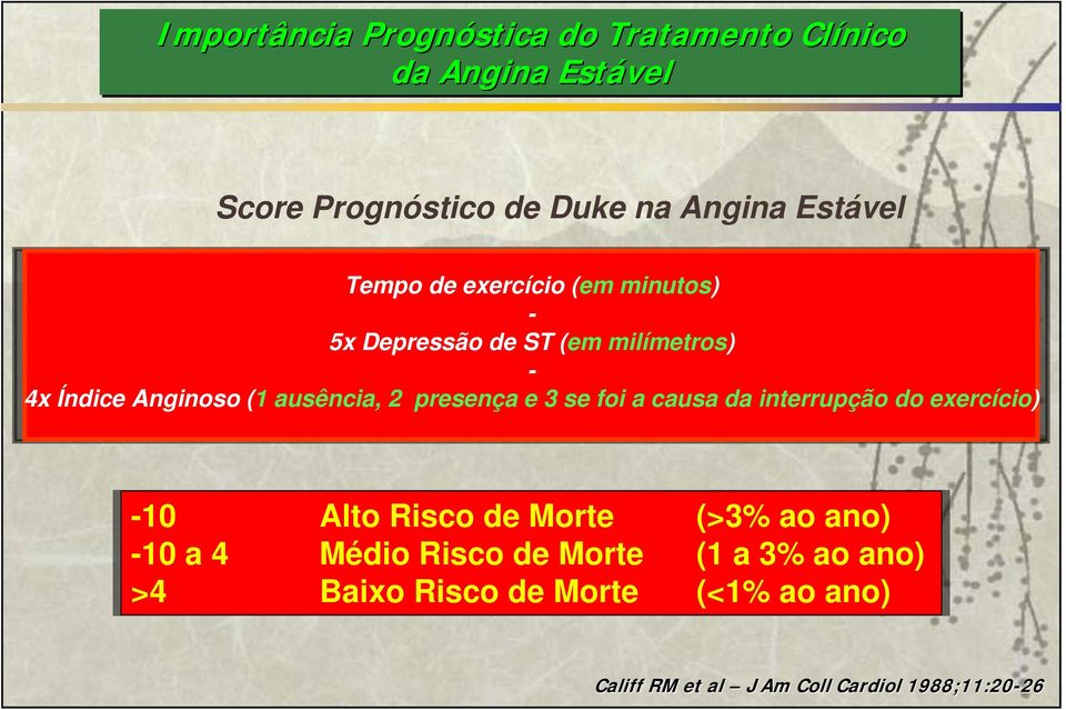 presença e 3 se foi a causa da interrupção do exercício) -10 Alto Risco de Morte (>3% ao ano) -10 a 4 Médio