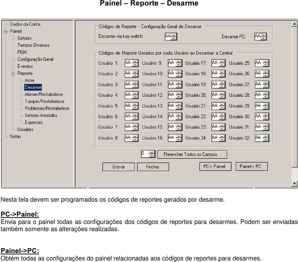 3DLQHO Enviapara o painel todas as configurações dos códigos de reportes para desarmes.