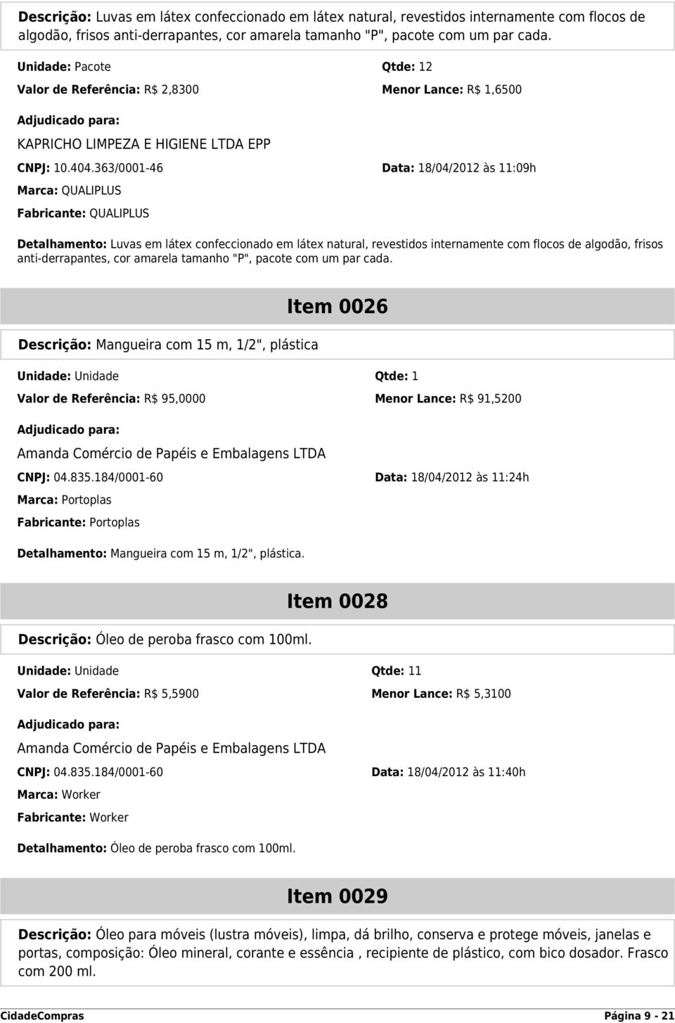 363/0001-46 Data: 18/04/2012 às 11:09h Marca: QUALIPLUS Fabricante: QUALIPLUS Detalhamento: Luvas em látex confeccionado em látex natural, revestidos internamente com flocos de algodão, frisos