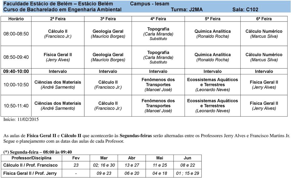 Terrestres 10:5011:40 Ciências dos Materiais Fenômenos dos Transportes (Manoel José) Ecossistemas Aquáticos e Terrestres As aulas de e que acontecerão às Segundasfeiras serão alternadas entre os