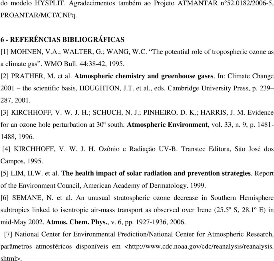 239 287, 2001. [3] KIRCHHOFF, V. W. J. H.; SCHUCH, N. J.; PINHEIRO, D. K.; HARRIS, J. M. Evidence for an ozone hole perturbation at 30º south. Atmospheric Environment, vol. 33, n. 9, p.