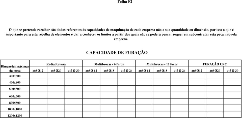 CAPACIDADE DE FURAÇÃO Dimensões máximas da mesa 300x300 Radial/coluna Multibrocas - 6 furos Multibrocas - 12