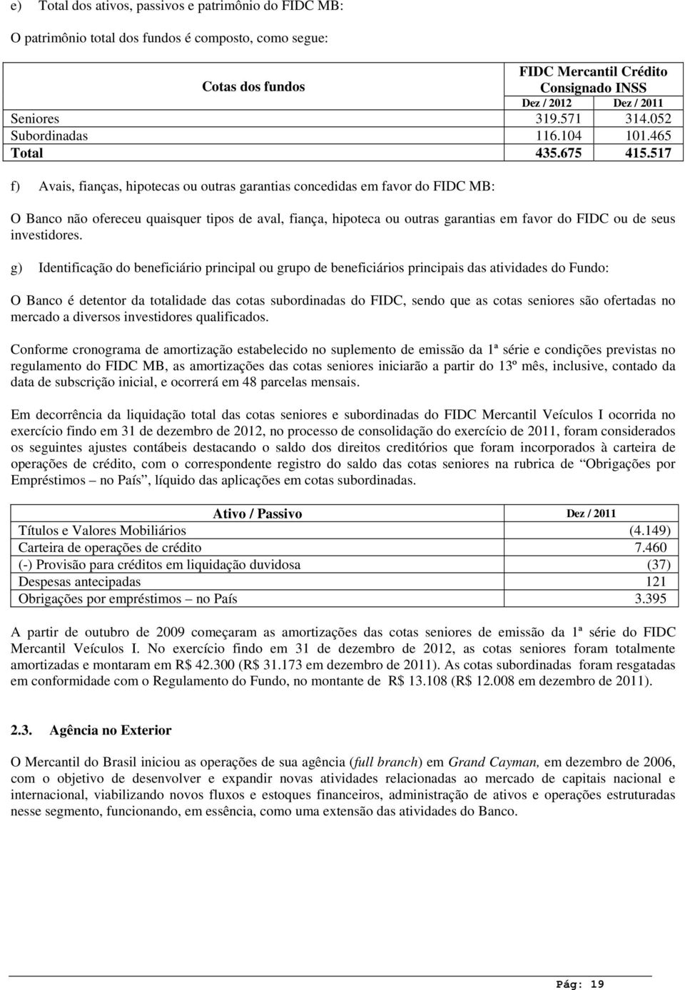 517 f) Avais, fianças, hipotecas ou outras garantias concedidas em favor do FIDC MB: O Banco não ofereceu quaisquer tipos de aval, fiança, hipoteca ou outras garantias em favor do FIDC ou de seus