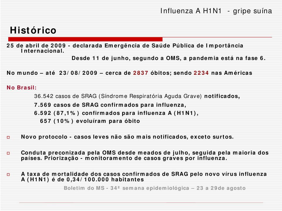 569 casos de SRAG confirmados para influenza, 6.592 (87,1%) confirmados para influenza A (H1N1), 657 (10%) evoluíram para óbito Novo protocolo - casos leves não são mais notificados, exceto surtos.