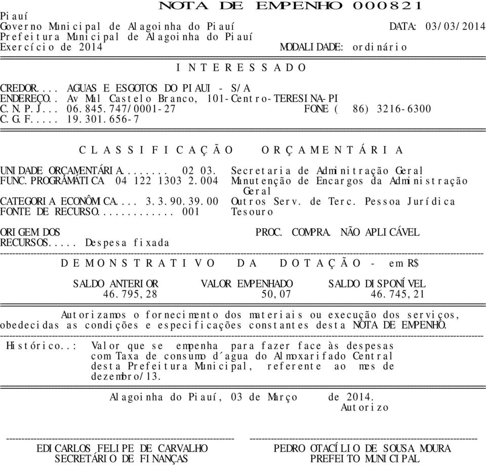 Secretaria de Adminitração Geral FUNC.PROGRAMÁTICA 04 122 1303 2.004 Manutenção de Encargos da Administração Geral CATEGORIA ECONÔMICA... 3.3.90.39.