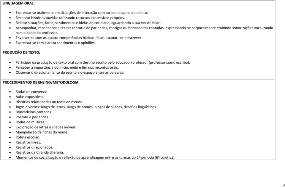 Acompanhar, reconhecer e recitar cantoria de parlendas, cantigas ou brincadeiras cantadas, expressando-se corporalmente emitindo sonorizações vocalizando com o apoio do professor.