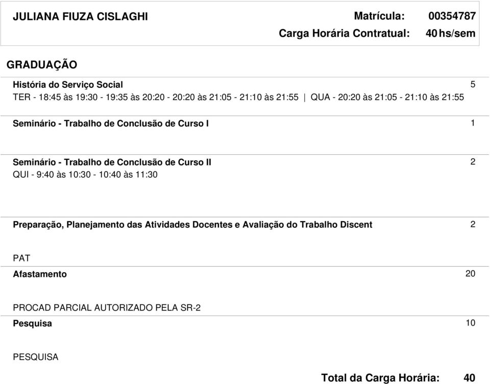 Curso I 1 Seminário - Trabalho de Conclusão de Curso II 2 QUI - 9: às 10:30-10: às 11:30 Preparação,