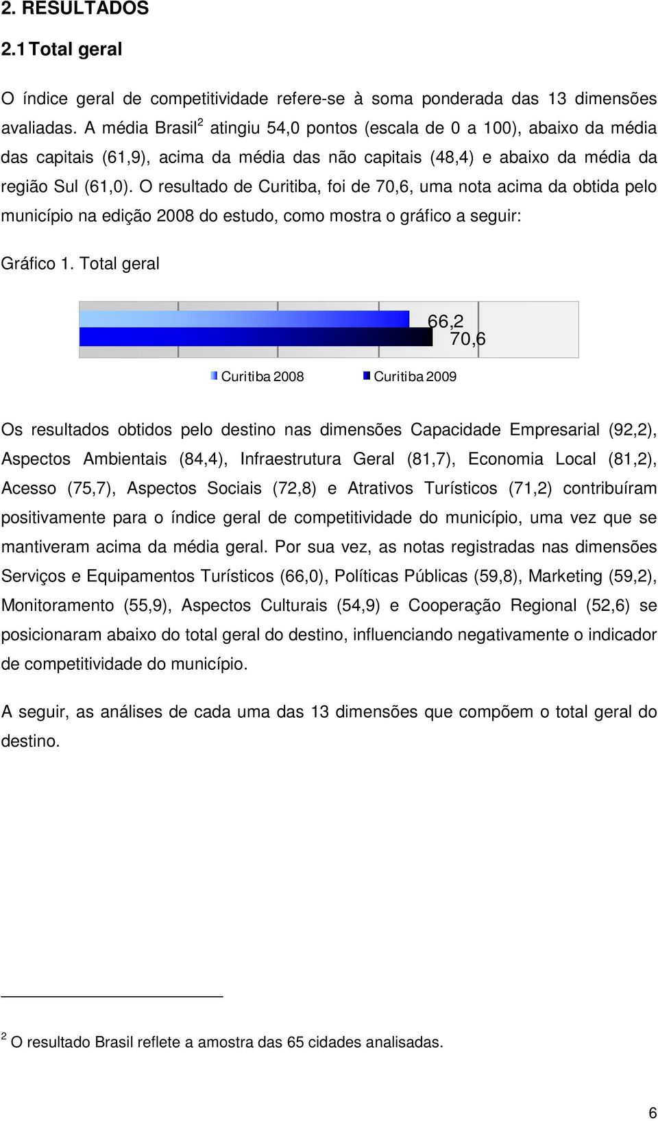 O resultado de Curitiba, foi de 70,6, uma nota acima da obtida pelo município na edição 2008 do estudo, como mostra o gráfico a seguir: Gráfico 1.