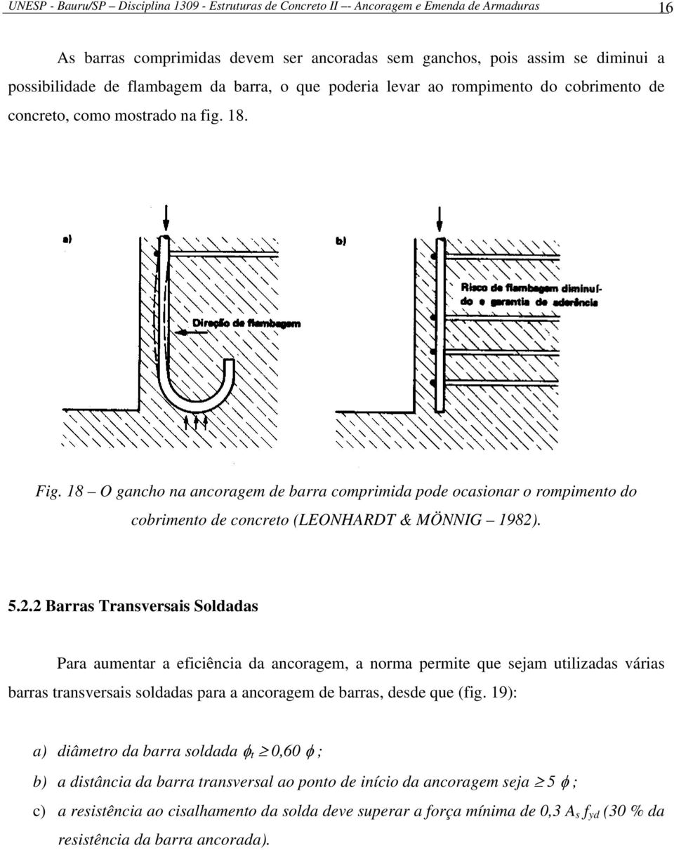 18 O gancho na ancoragem de barra comprimida pode ocasionar o rompimento do cobrimento de concreto (LEONHARDT & MÖNNIG 1982)