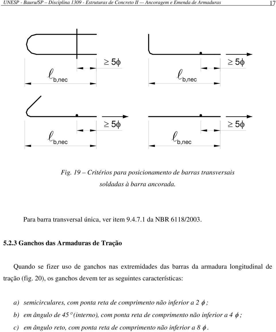 03. 5.2.3 Ganchos das Armaduras de Tração Quando se fizer uso de ganchos nas extremidades das barras da armadura longitudinal de tração (fig.